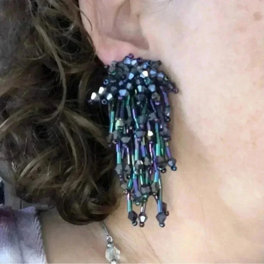 Handmade Iridescent Starburst Firework Tasseled Beaded Earrings